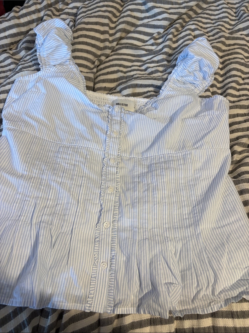 Hollister Light Blue & White Striped Button-Front Women's Top